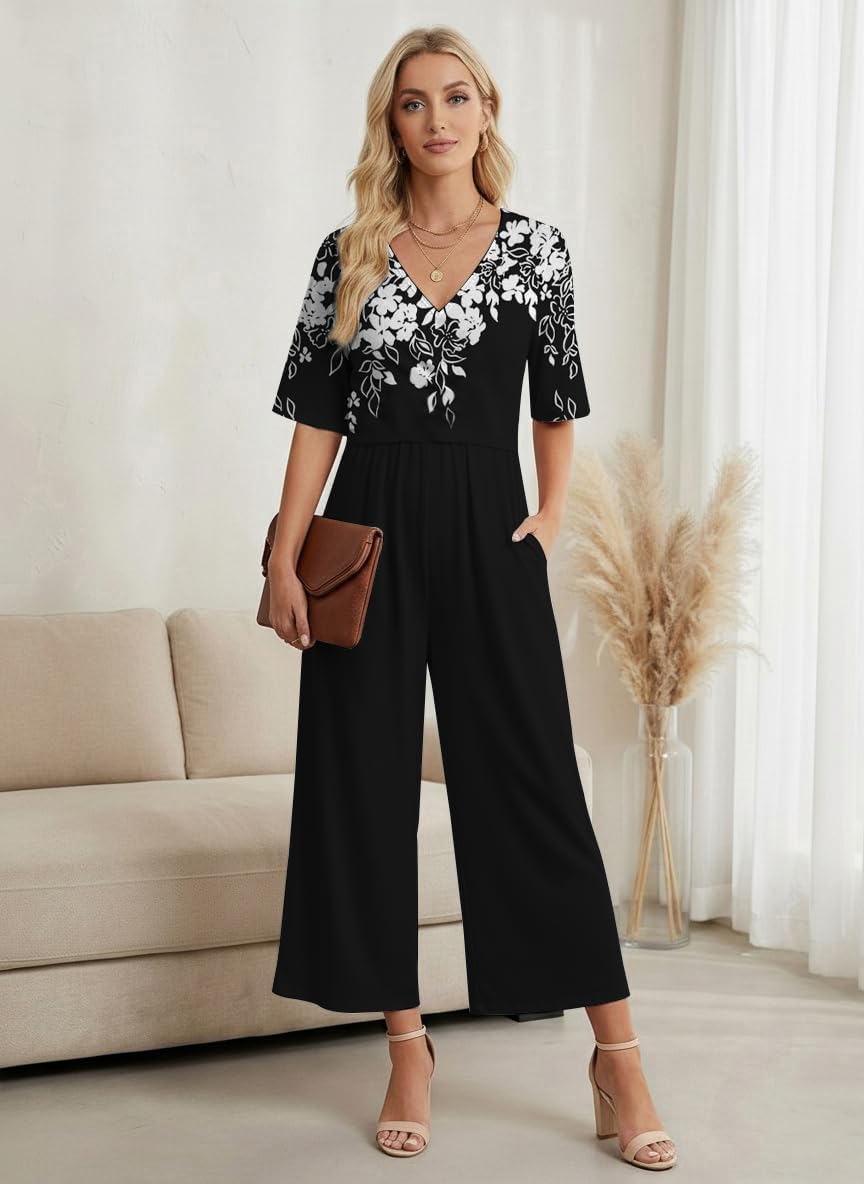 Jumpsuits for Women 2026 Summer Trendy Wrap V Neck Short Sleeve Wide Leg Pants Floral Print Rompers with Pockets
