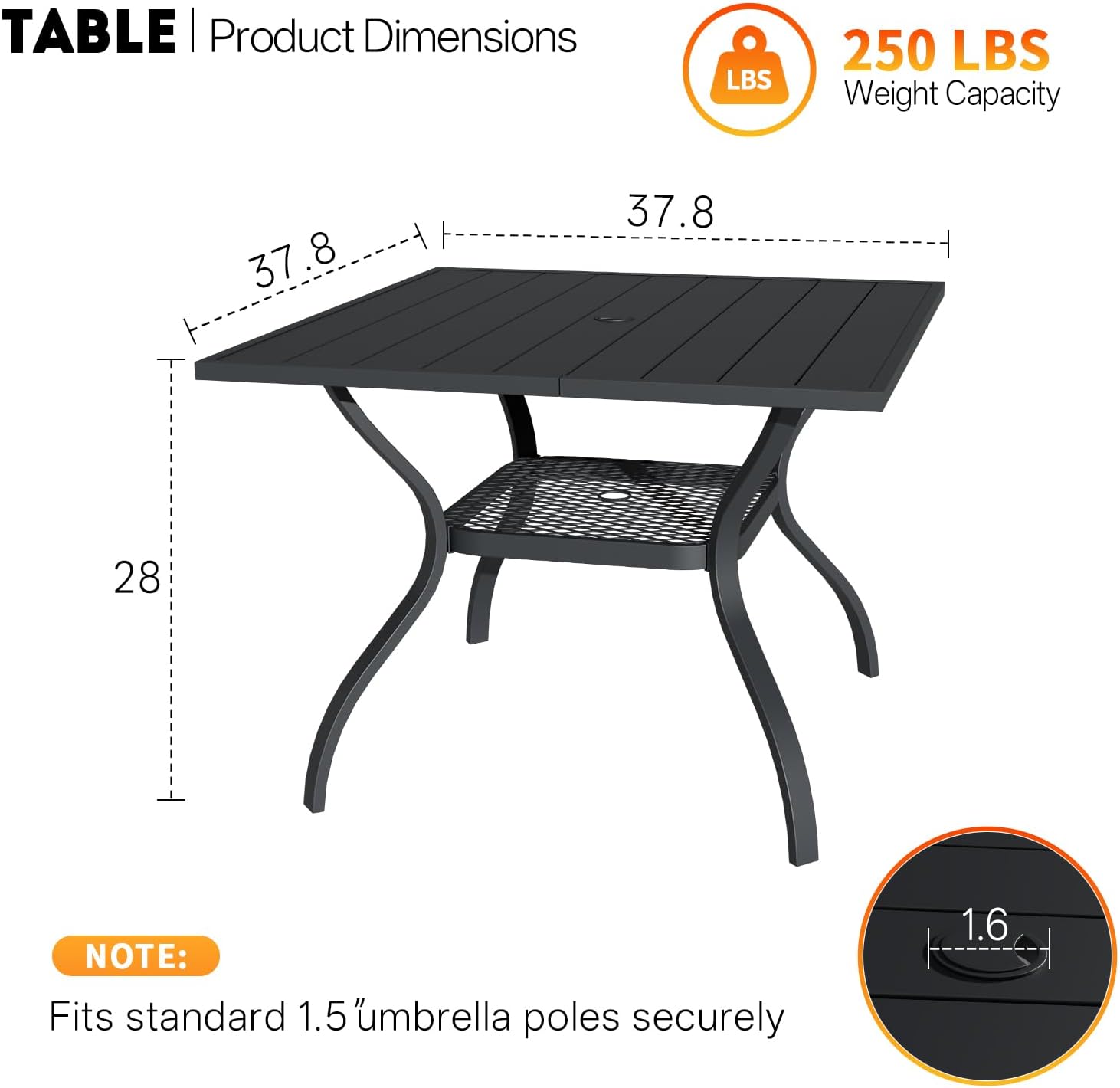 bigget 37.8" Square Outdoor Patio Dining Table for 4, All Weather Black Outdoor Dining Table with Storage Mesh Shelf & Umbrella Hole, Heavy Duty Wrought Iron Patio Coffee Table for Garden, Lawn, Deck