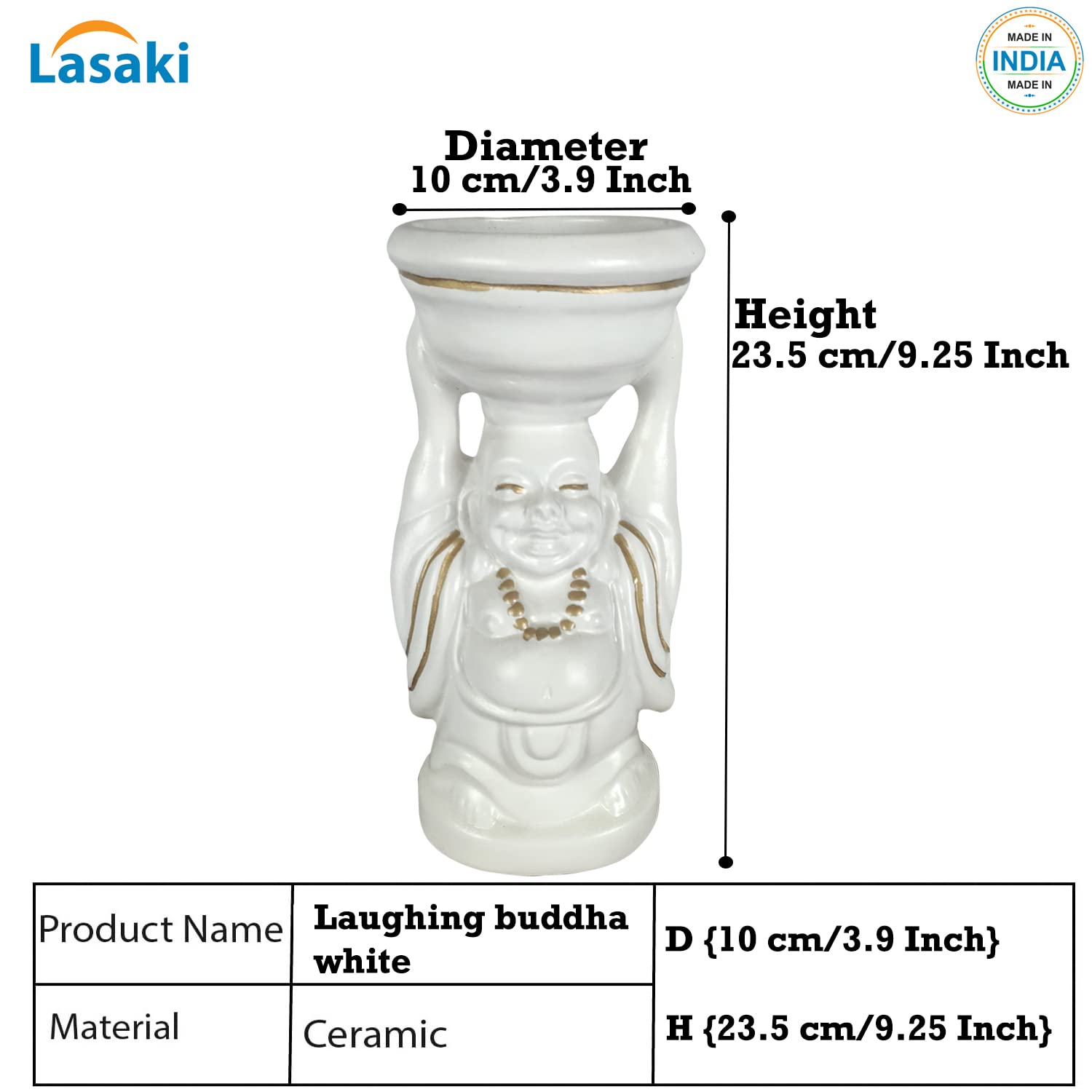 Laughing Buddha Ceramic Planter - White Gold -2 Laughing Buddha Ceramic Planter - White Gold -2