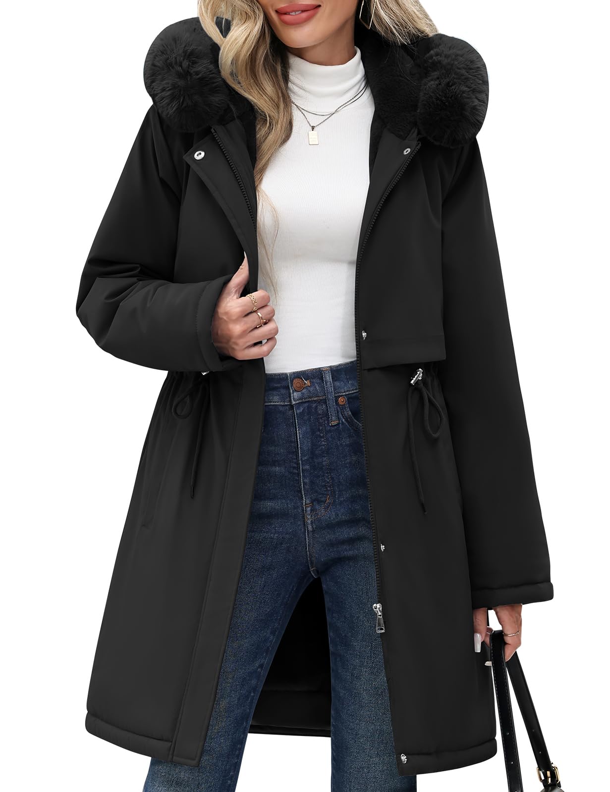 Yuson Girl Manteau Femme Hiver Veste Doublure Polaire Chaude Parka Capuche | Longue Rembourrée Blouson Épais, Coupe-vent d'Extérieur Chic Mi-longue Manteau, Manteaux avec Zippé et Poches