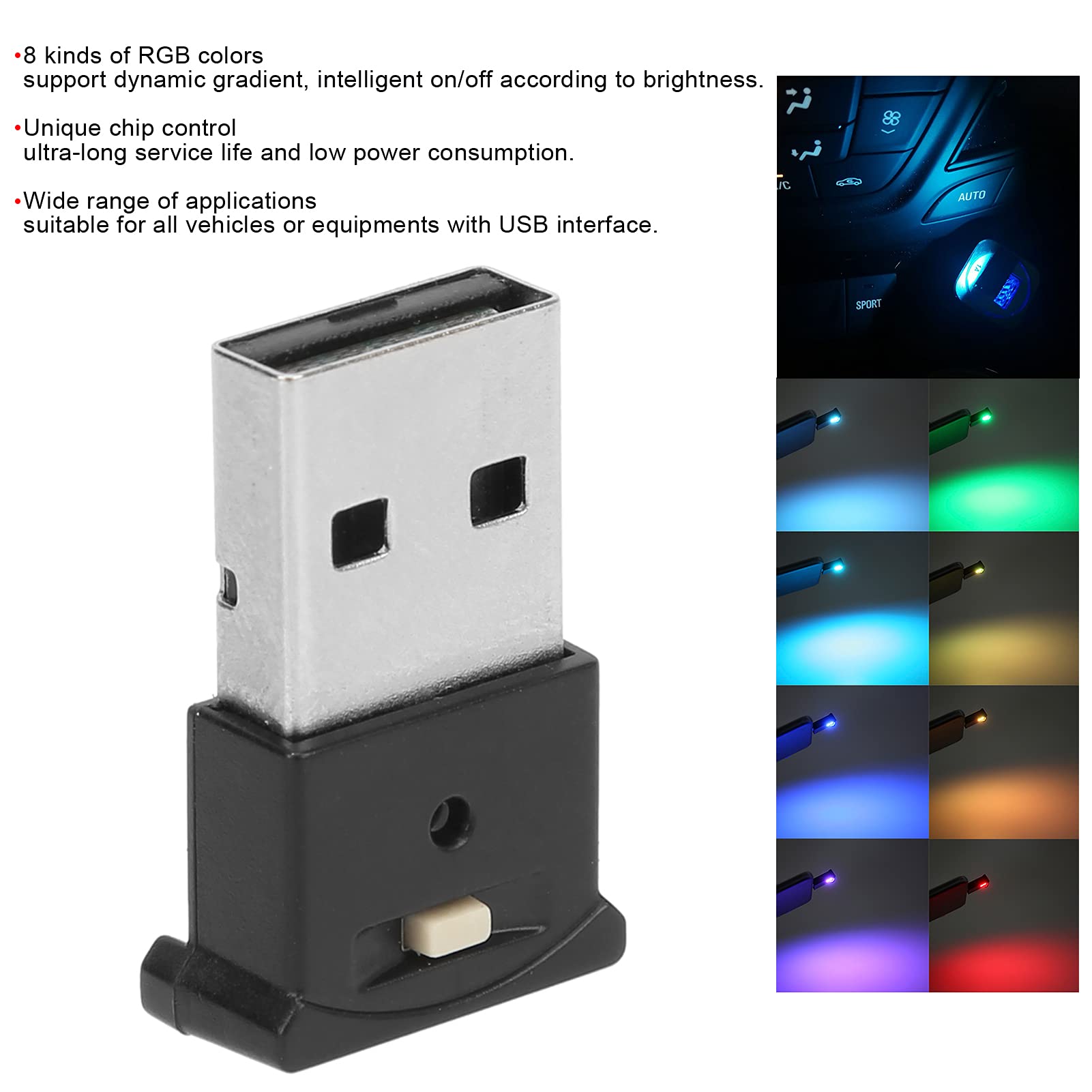Luce LED USB Auto 8 Colori, Regolabile E Con Memoria, Per Abbagliamento Per Tastiera PC E Ambienti Interni, 5V