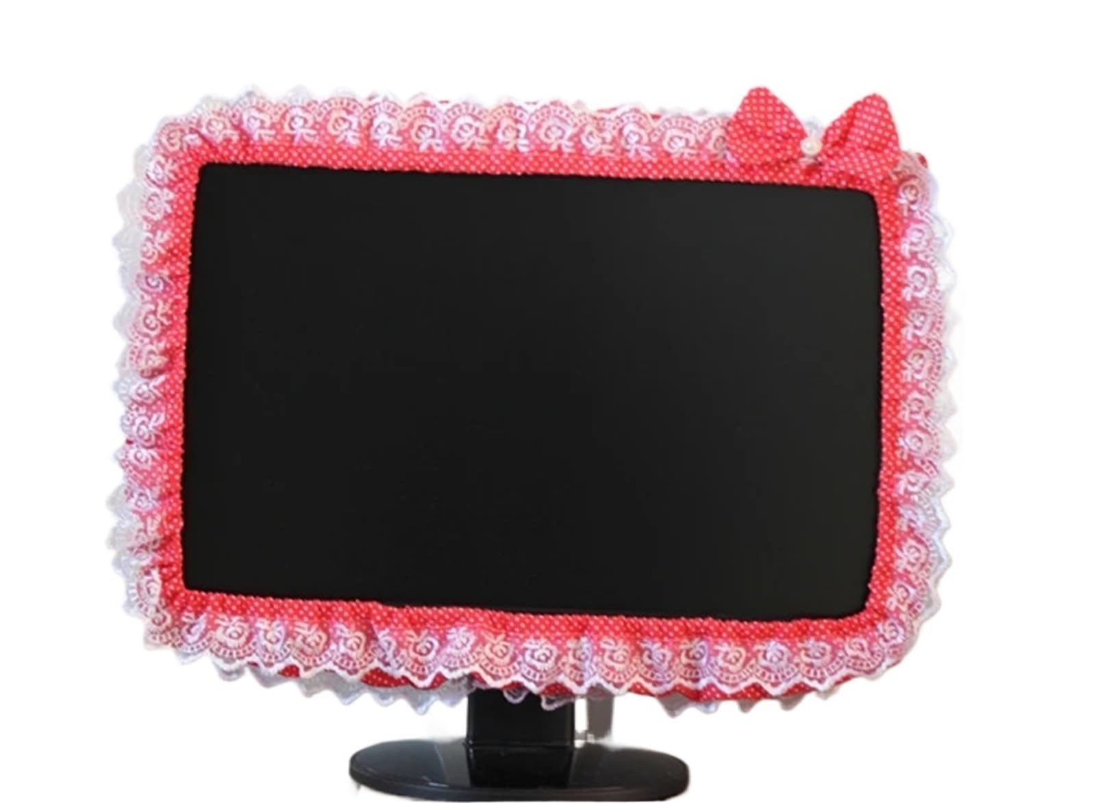 Monitor Cover 2pcs Lace Fabric Computer Frame Cover Monitor Screen Dust Bow Home Decorations(Red)