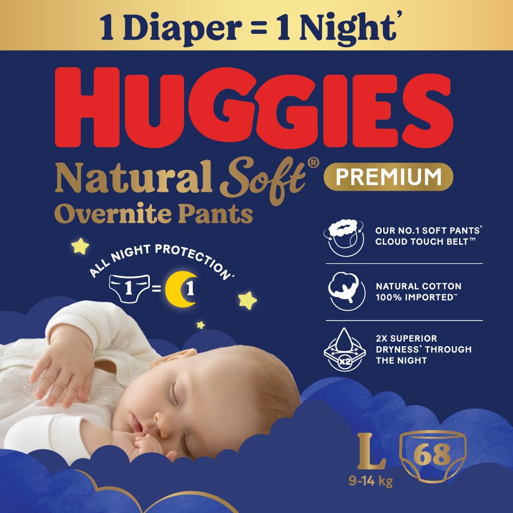 Huggies Natural Soft Overnite Diaper Pants| Premium Pant Style Baby Diapers Medium Size (L Size | 9-14 Kgs), 34 count| Keeps baby dry all night with cloud softness all over (Pack of 2)