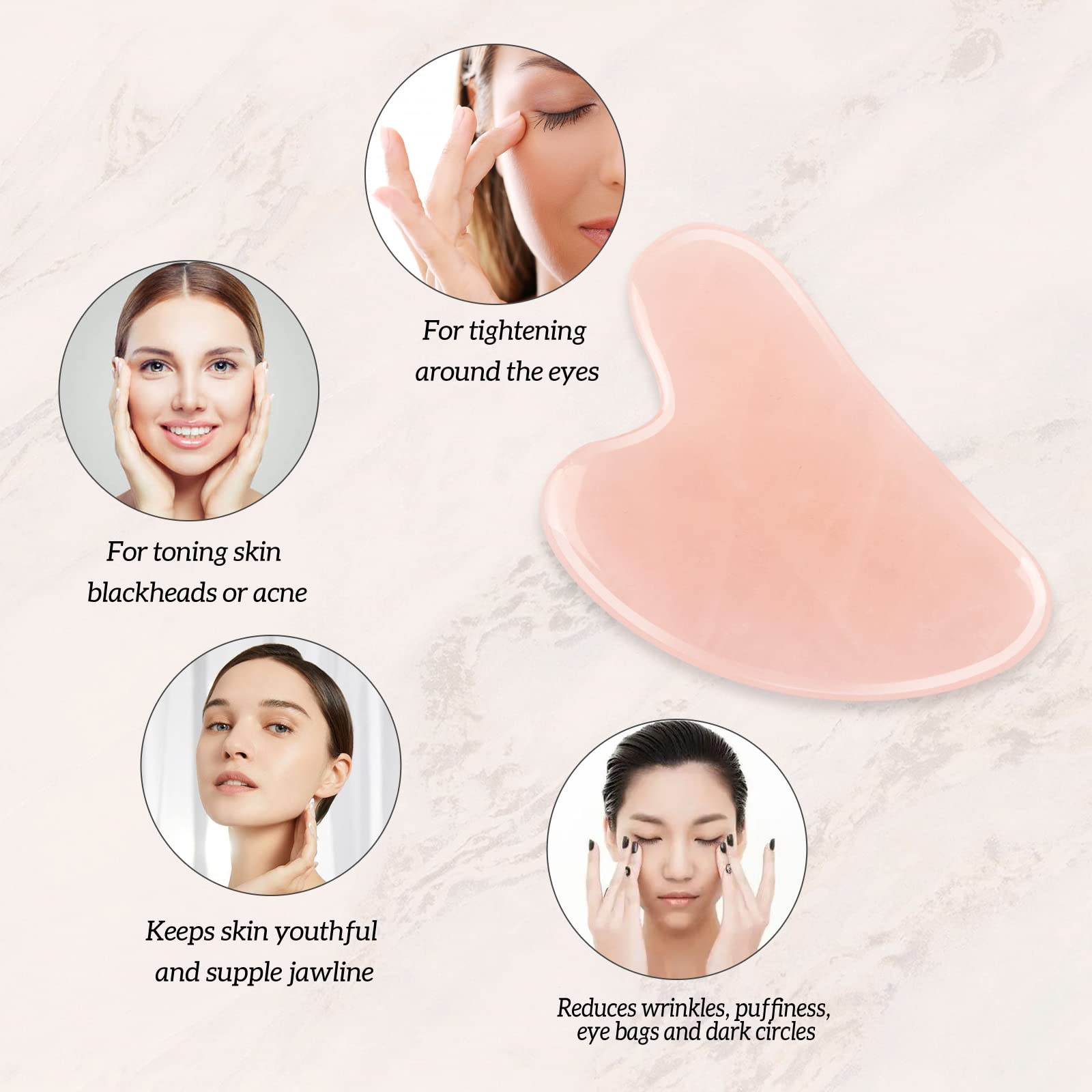 Gua Sha - Juego de 3 herramientas de masaje Guasha de cuarzo rosa, herramienta de raspado para cara, cuello, ojos y cuerpo, piedra de jade Guasha, paquete de 3 (rosa)