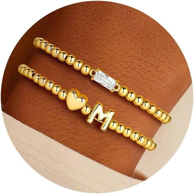 Turandoss Birthstone Beaded Bracelets for Women – Dainty 14K Gold Plated Heart Initial A-Z Charm Birthstone Bracelets, Stackable Waterproof Strand Bead Ball Bracelet Jewelry Birthday Christmas Gifts