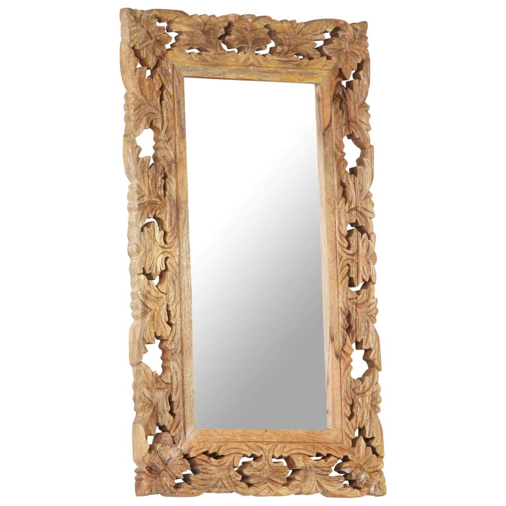 Espejo tallado a mano marrón de madera maciza de mango 80 x 50 cm con acabado natural para salón, baño, pasillo, decoración, cosméticos, maquillaje, cuerpo entero