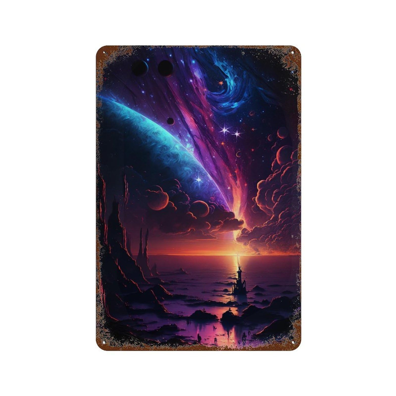 Vintage Metal Tin Sign Galactic Sunset Fantasy 11.8"x7.9", Classic Wall Plaque for Farmhouse, Kitchen And Entryway Decor