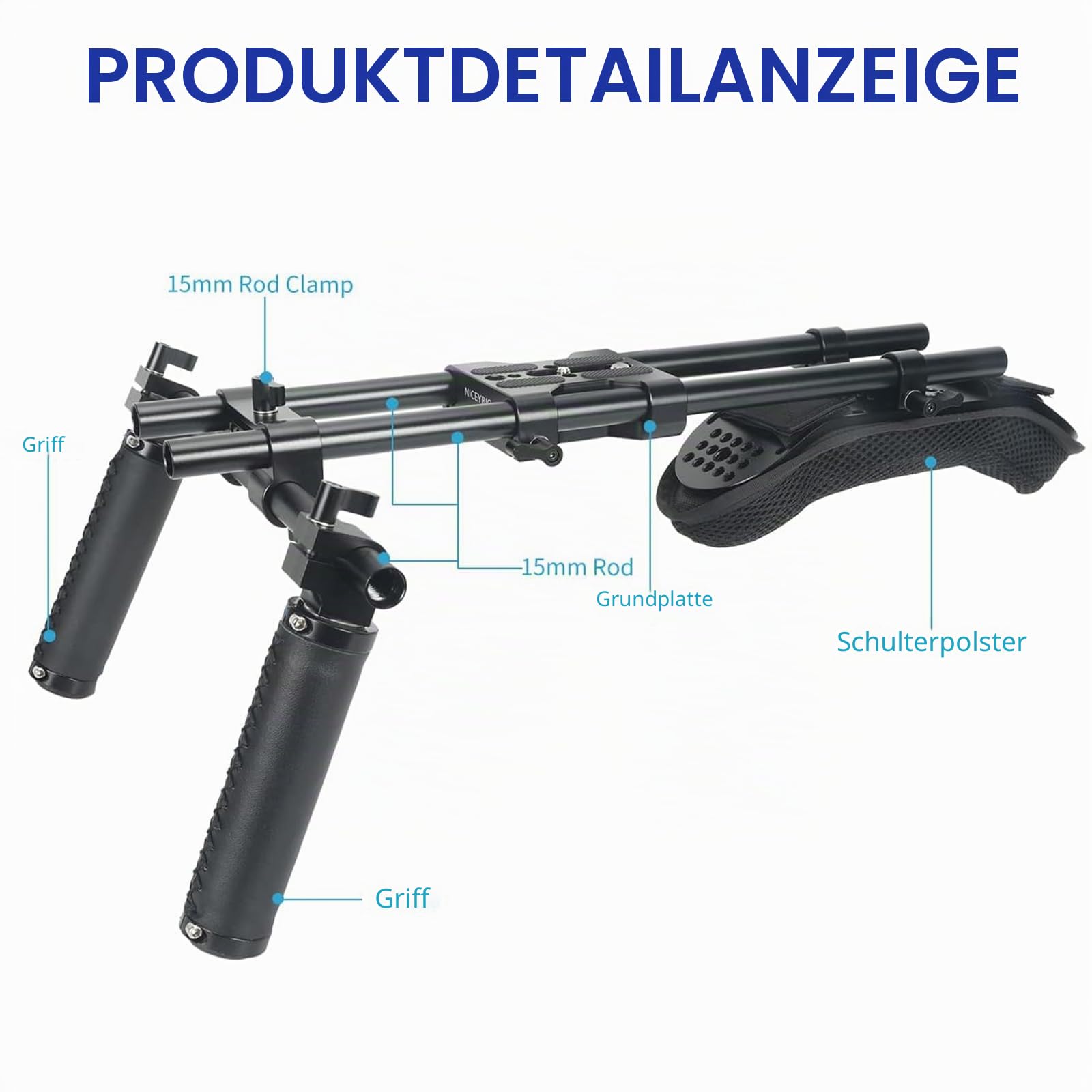 NICEYRIG Camera Shoulder Rig mit Dual Handgrip,Schulterpolster 15mm für spiegellose DSLR-Kameras, stabile Videoaufnahmen, Schulter-Rig mit Universal-Grundplatte,Aluminium-Legierung,15mm Stab,Griff-Set