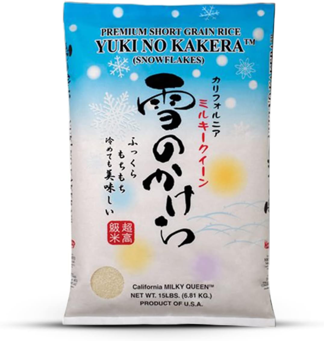 Shirakiku Yuki No Kakera Premium Dried Short Grain Rice | Soft & Fluffy Sweet Sticky Snowflake Sushi Rice | California Milky Queen - 15 lbs (Pack of 1)