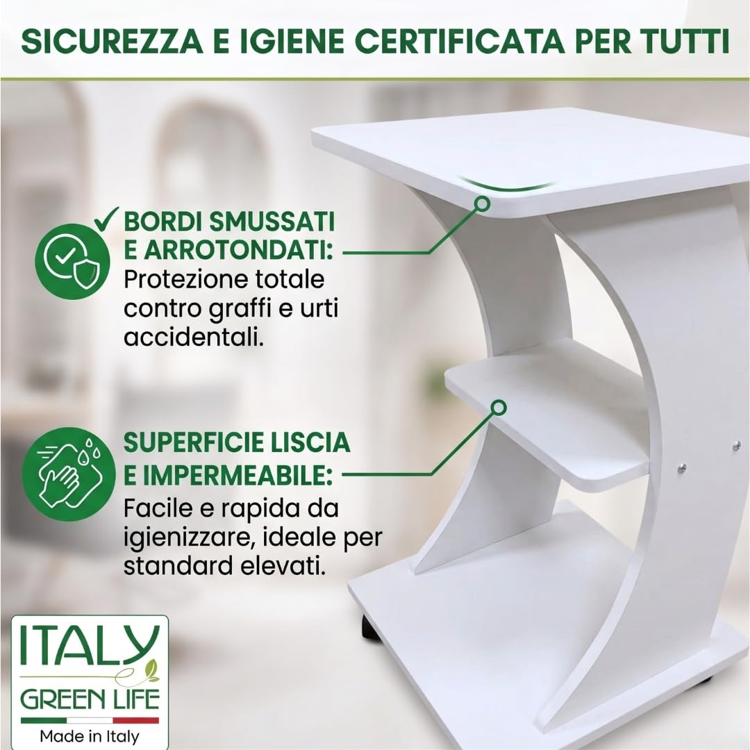 Italy Green Life - Carrello Curvo con Ruote Multiuso in Legno a 3 Ripiani - Mobiletto Salvaspazio 45x45x80 cm - Carrello Estetista - Tavolino con Rotelle Silenziose - Made in Italy