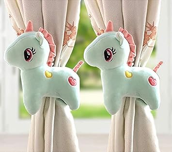 Tickles 2 Pcs Unicorn Soft Plush Toy Curtain Tiebacks Holder Clip for Children Living Room Decoration Accessories Window Curtain Decoration (Size: 25 cm Color: Rama Blue)