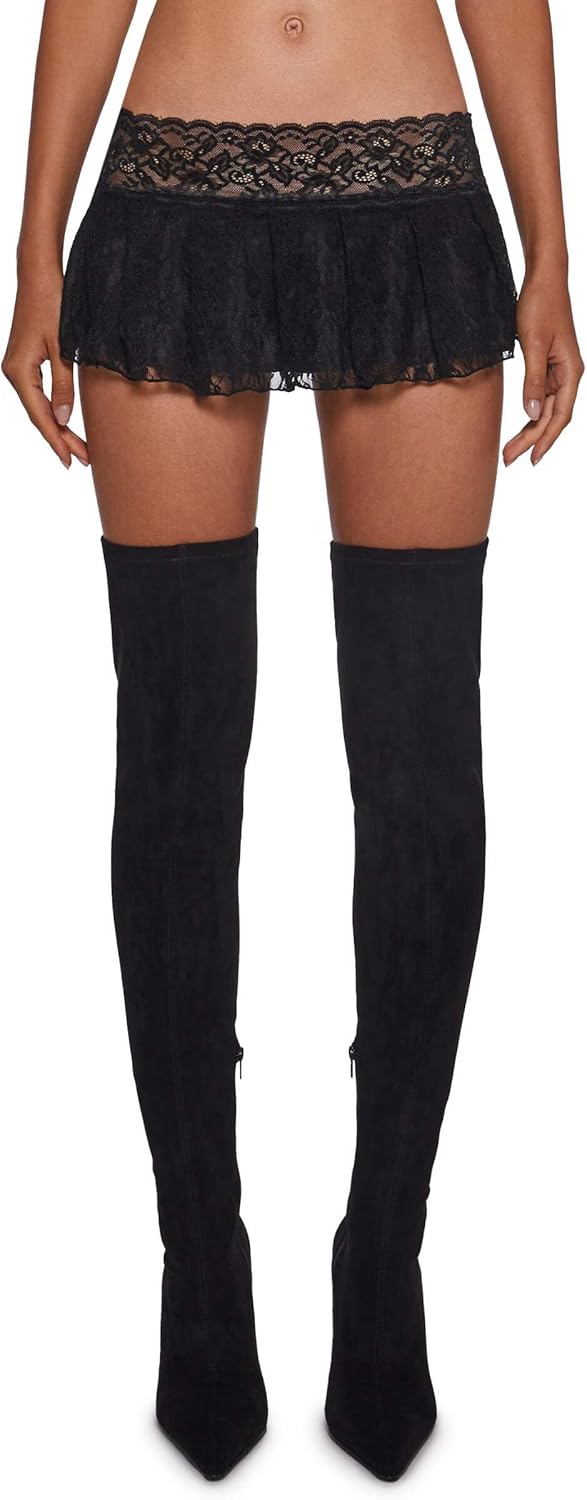 Dolls Kill Fierce Flirt Lace Skirt by Sugar Thrillz – Stretch Lace Pleated Mini Skirt with Lining