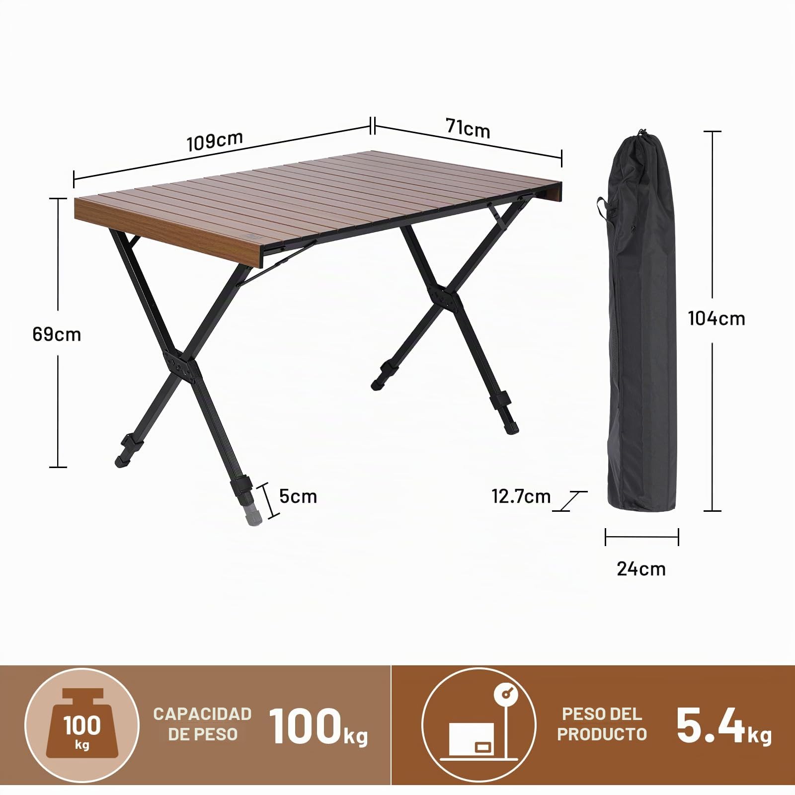 TIMBER RIDGE Mesa Plegable Portatil Camping Altura Ajustable Mesa Enrollable de Aluminio Ligera para 4-6 Personas, para Acampar, Picnic, Barbacoa, Patio, Fiesta