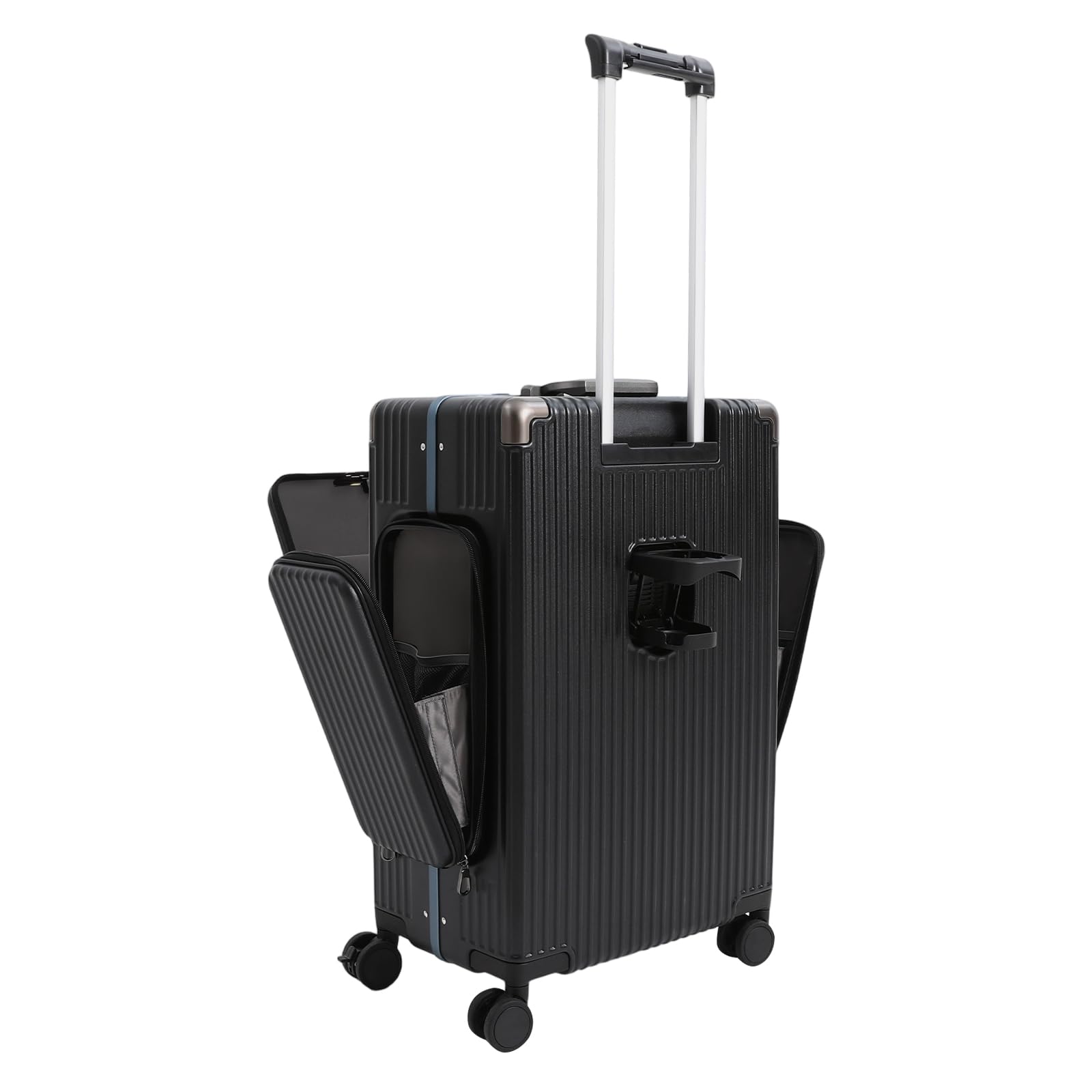 Twarda obudowa, 61 cm, walizka podróżna, ze stopu aluminium, zamek szyfrowy, 4 bezgłośne kółka, złącze USB, ochrona narożników, uchwyt na napoje, na podróż służbową, urlop, wycieczkę szkolną