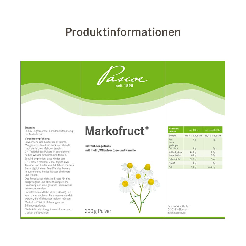 Pascoe Markofruct: Instant-Teegetränk mit Inulin, Oligofructose und Kamille - Kamille unterstützt das Wohlbefinden im Magen-Darm-Trakt - 30x6 g