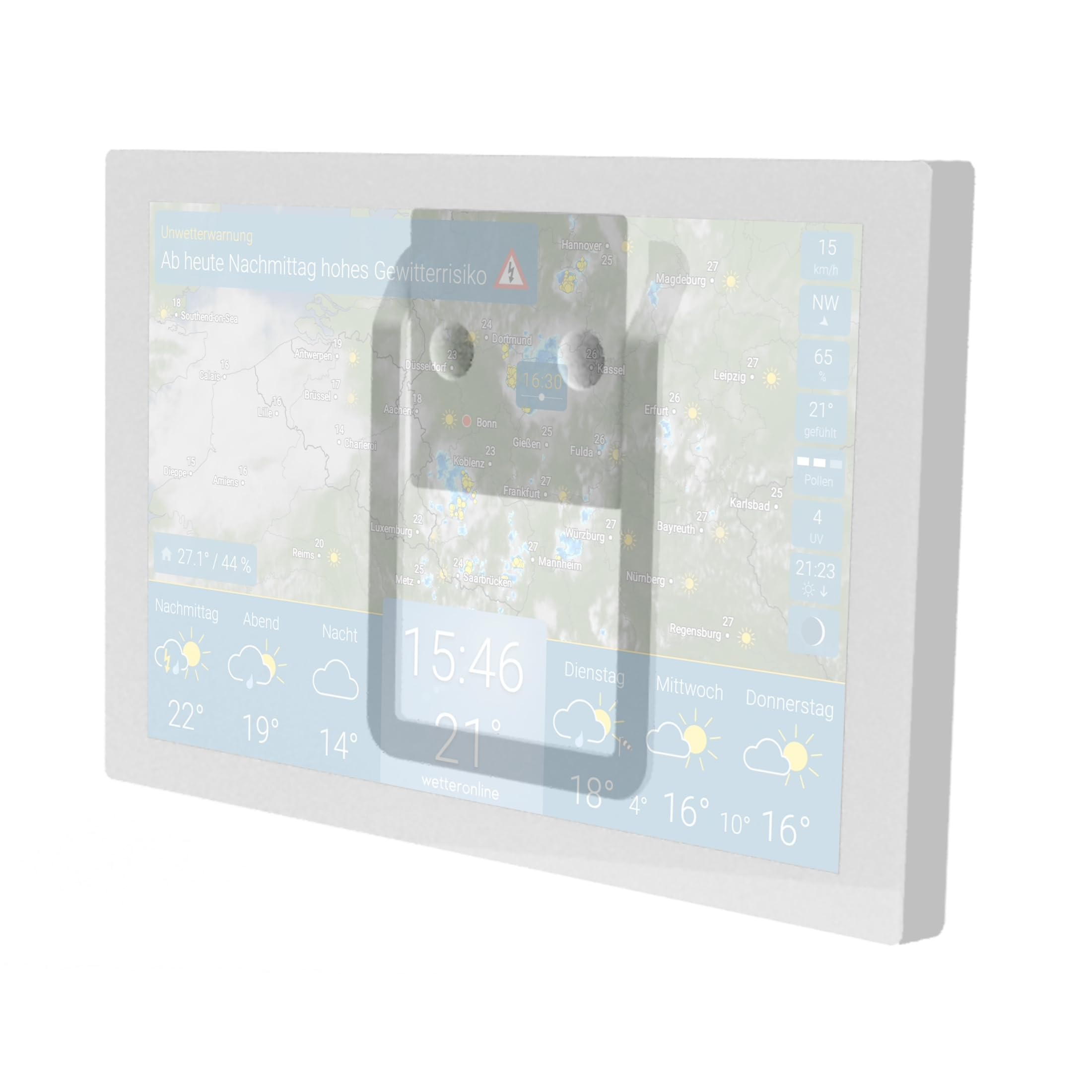 Support pour Wetteronline Home (2e Génération+), Kit de Montage Mural Complet, Fixation Élégante pour Météo au Niveau des Yeux, Blanc, avec Câbles, Vis et Chevilles