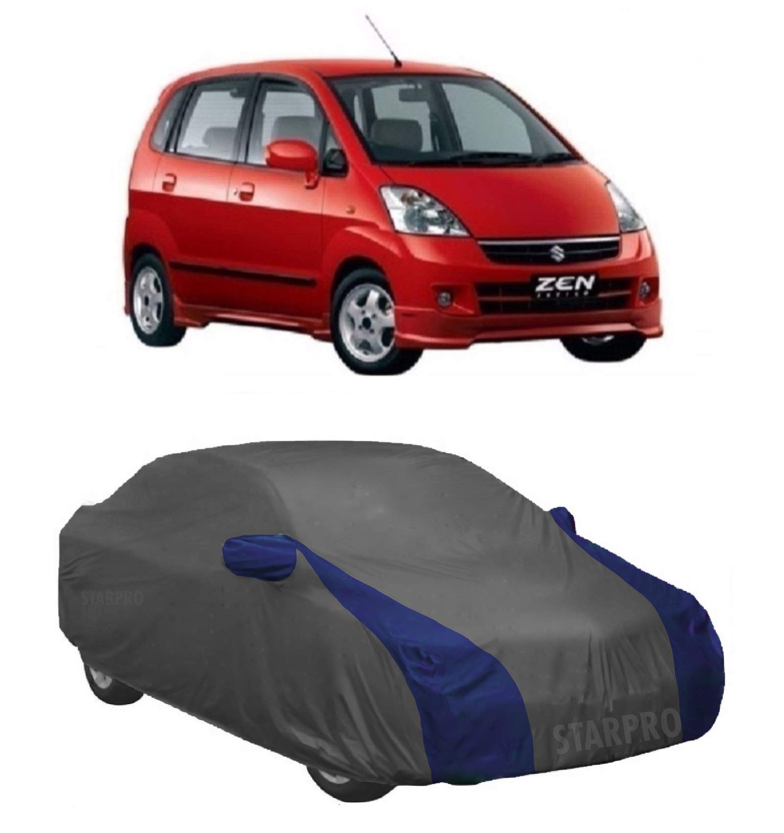NEXTON Presents Semi-Waterproof Heavy Duty Car Body Cover with Mirror Compatible with Maruti Suzuki Zen Estilo All Variants (Grey and Blue).|Car Accessories