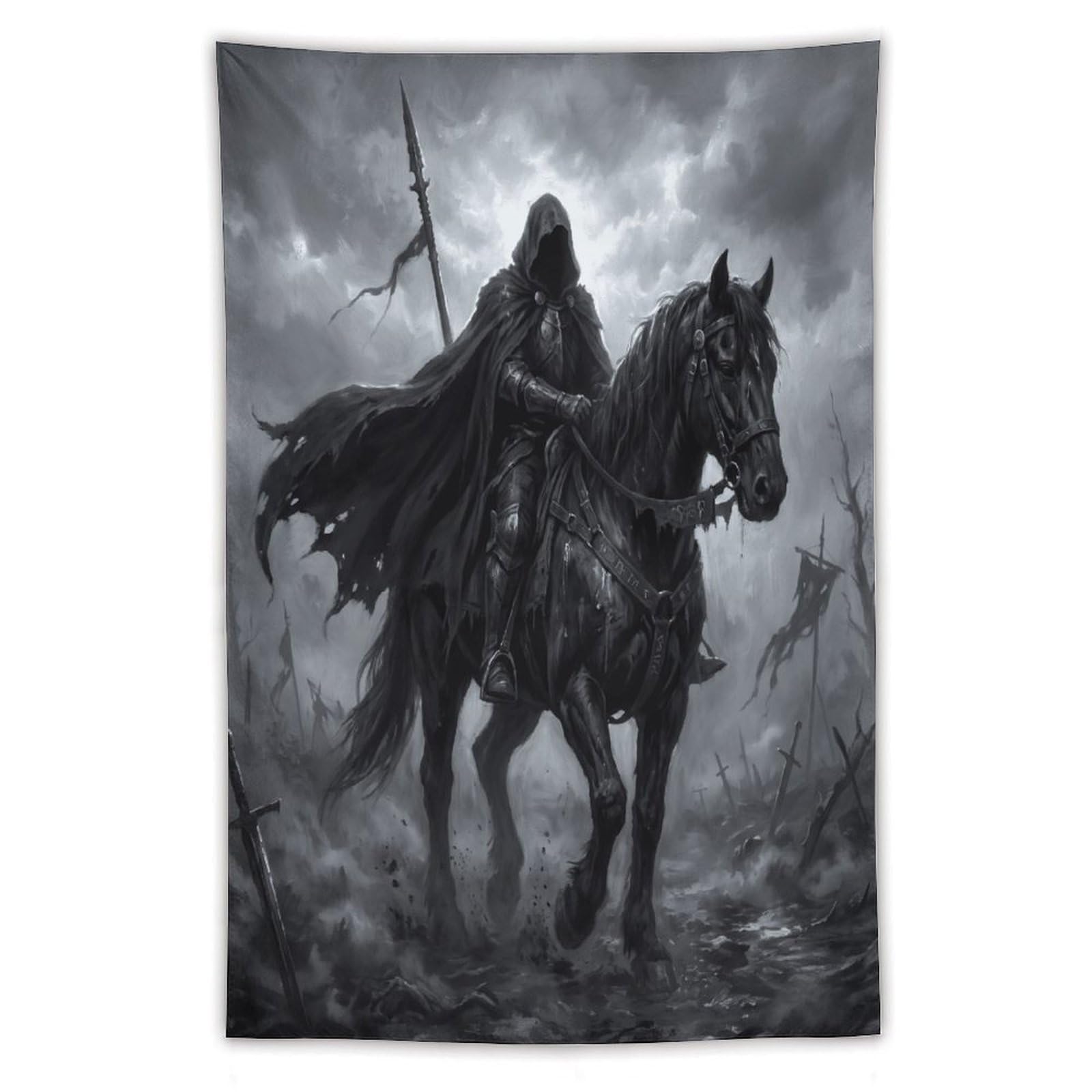 H3B8U2Y5 Shadow Horseman Wall Tapestry, Medieval Illustration, Backdrop