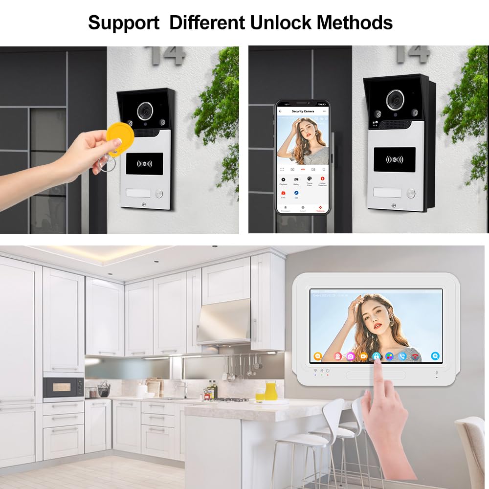 Tuya 1080P 7pollici Colore Schermo Videocitofono WLAN senza fili WiFi Video Campanell Sensore PIR Smart APP Kit per Citofono Domestico di RFID Controllo Accesso