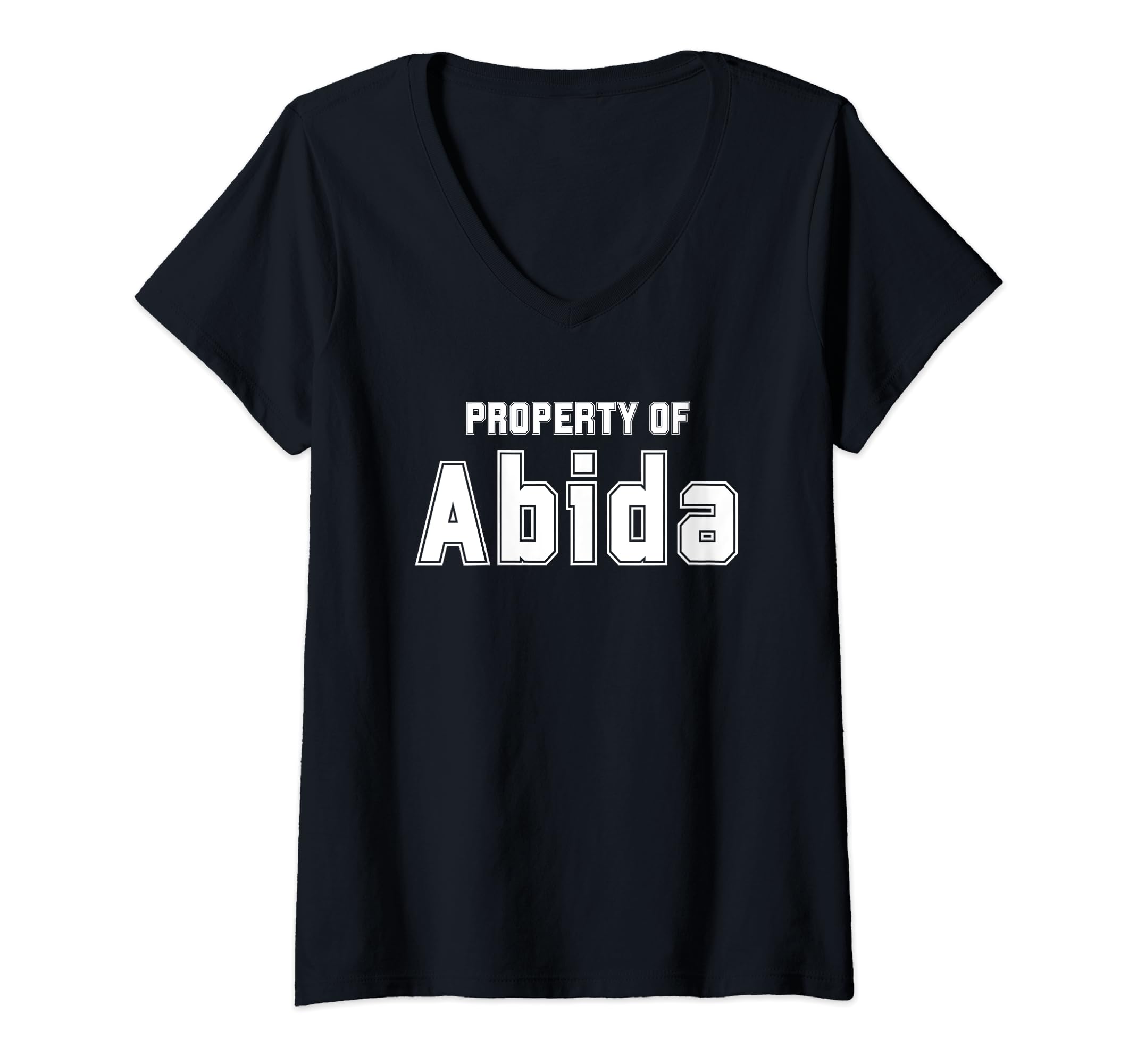 Funny Asian Name Gifts Property of Co.Womens Funny Asian Name Islamic Muslim Gifts Property of ABIDA V-Neck T-Shirt