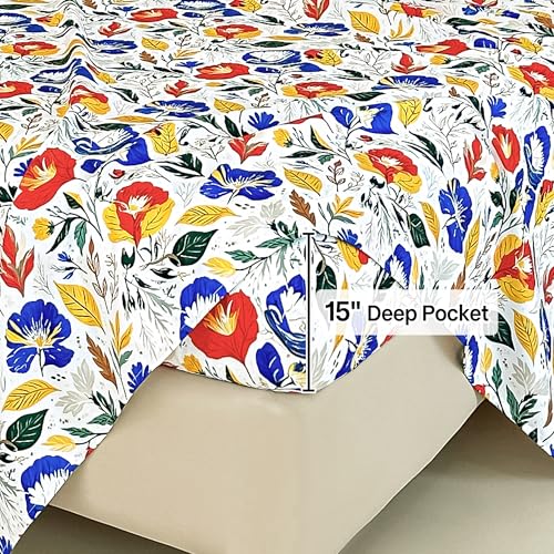 Image of lasoftan Floral Queen Comforter Set with Sheets, 7 piece Luxury Vintage Bedding, Soft Microfiber Bed in a Bag, Cozy Lightweight Bed Set, Blue Orange Flower