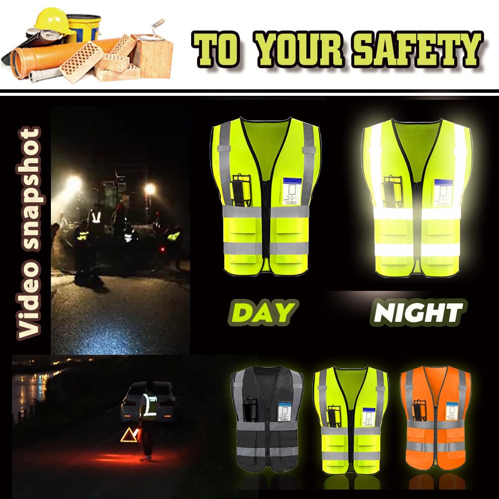 YOWESHOP High Visibility Reflective Safety Vest with Pockets and Zipper Custom Your Logo Safety Workwear,Black XL
