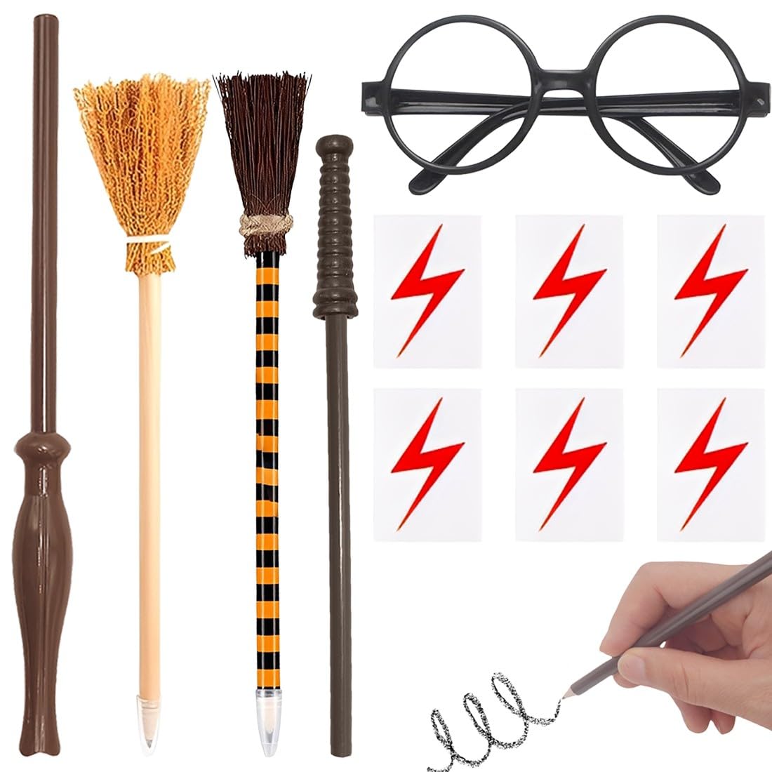 Set 12 Pezzi Bacchette Matita E Occhiali Rotondi Neri Per Feste Cosplay E Halloween - Accessori Maghi