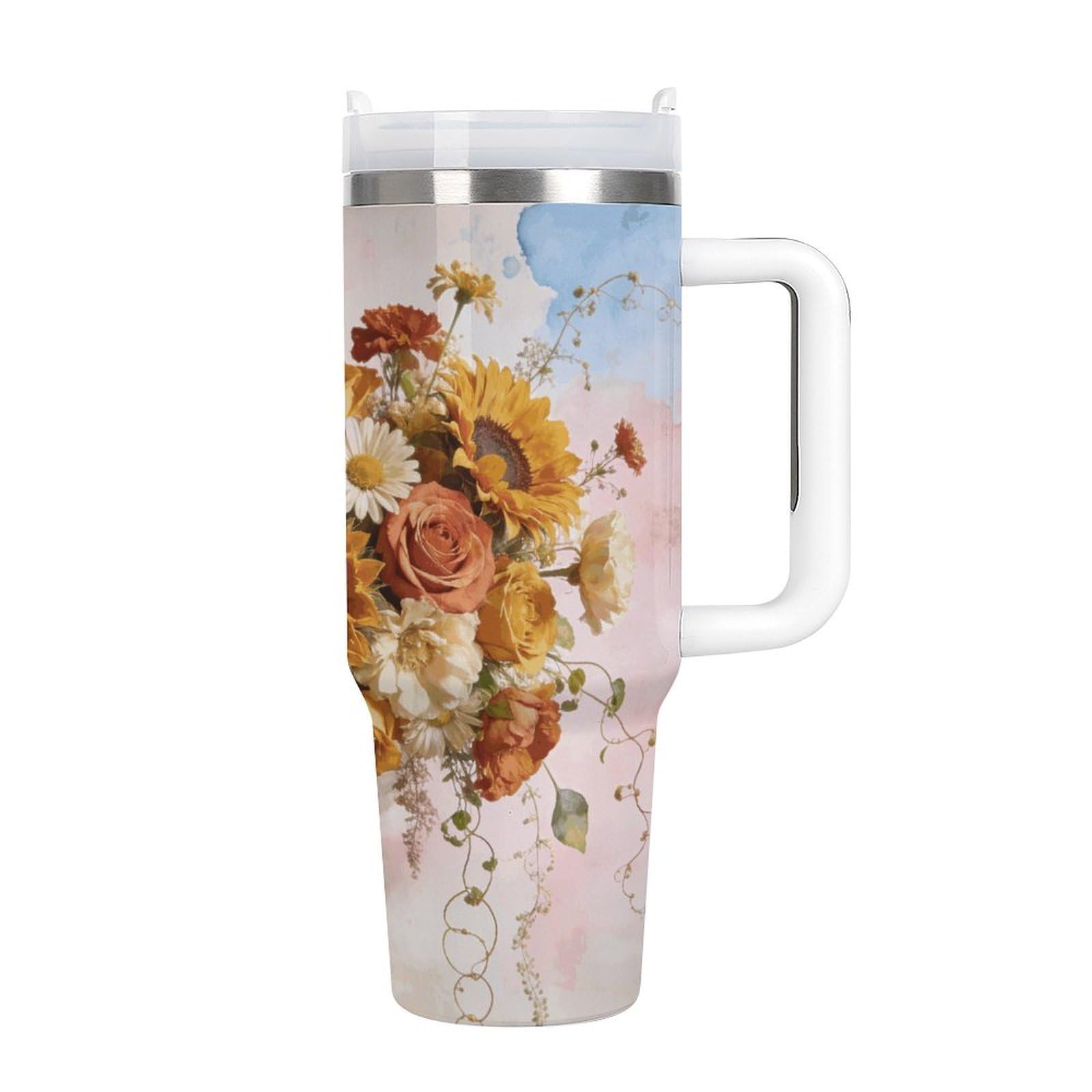 Vaso de café de viaje floral bohemio de acero inoxidable, taza de café con tapa y popote, taza con asa, gran capacidad, doble pared al vacío, taza térmica de café helado, 40 onzas