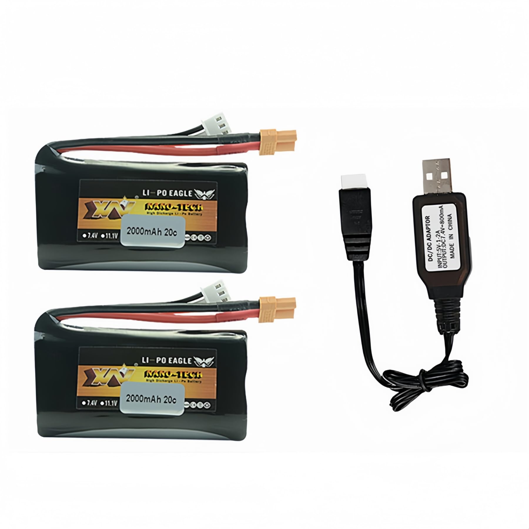CBB 7.4V 2000mAh Li-ion Battery for Huina 580 550 583 582 RC Excavator RC Vehicles RC Truck 2 Pack with USB Charger