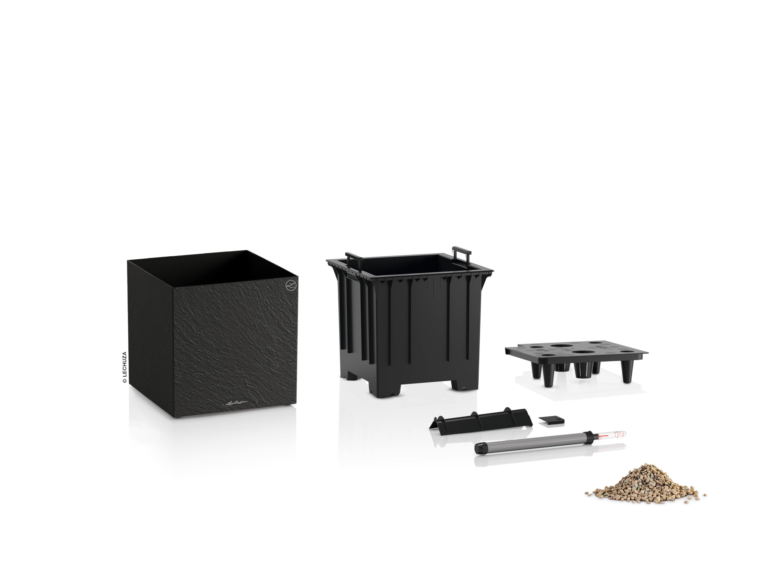 LECHUZA - Donica na rośliny Canto Slatestone 40 Low Dark Grey, donica na rośliny z systemem nawadniania, wskaźnikiem poziomu wody i wkładką do roślin, wygląd łupka, 40 x 40 x 40 cm, 15951