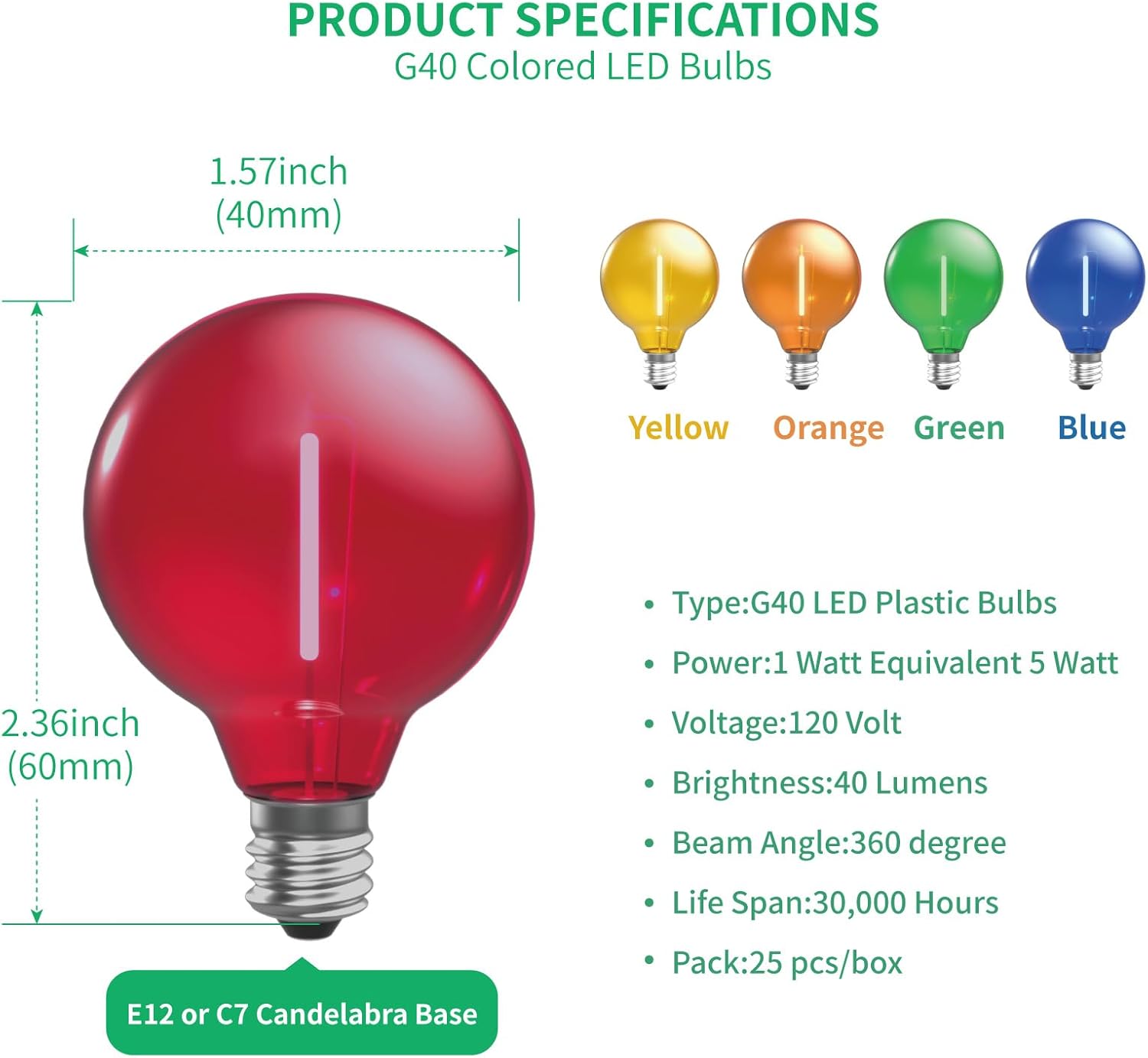 Multicolor G40 Replacement Light Bulbs for Christmas Lights, E12/C7 Candelabra Base,1 Watt Shatterproof LED Globe Light Bulbs, Multi-Color: Red/Green/Blue/Orange/Yellow