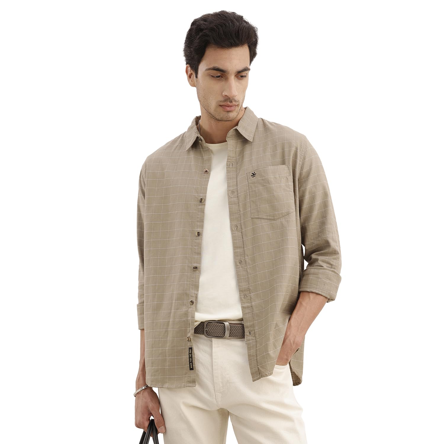 wrogn Men's 100% Cotton Slim Fit Shirt | Yarn Dyed Check | Khaki | Full Sleeve | Smart Casual-picture-14