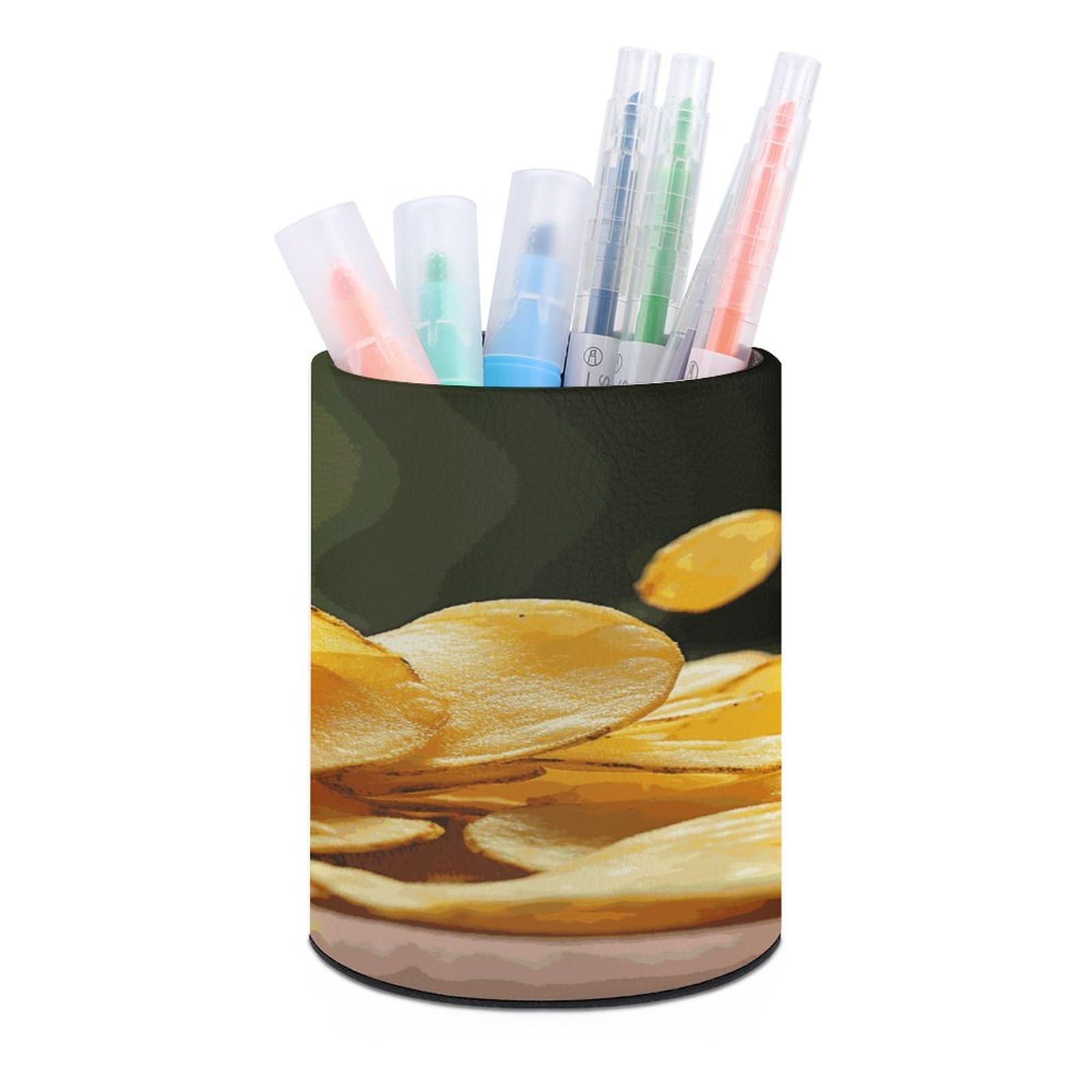 LDGSUPH Potato Chips Round Pen Holder Leather Pen Cup Pencil Cup Pen Organizer Pencil Holder for Desk Organizer Pencil Organizers Makeup Brush Holders for Home Office Gift