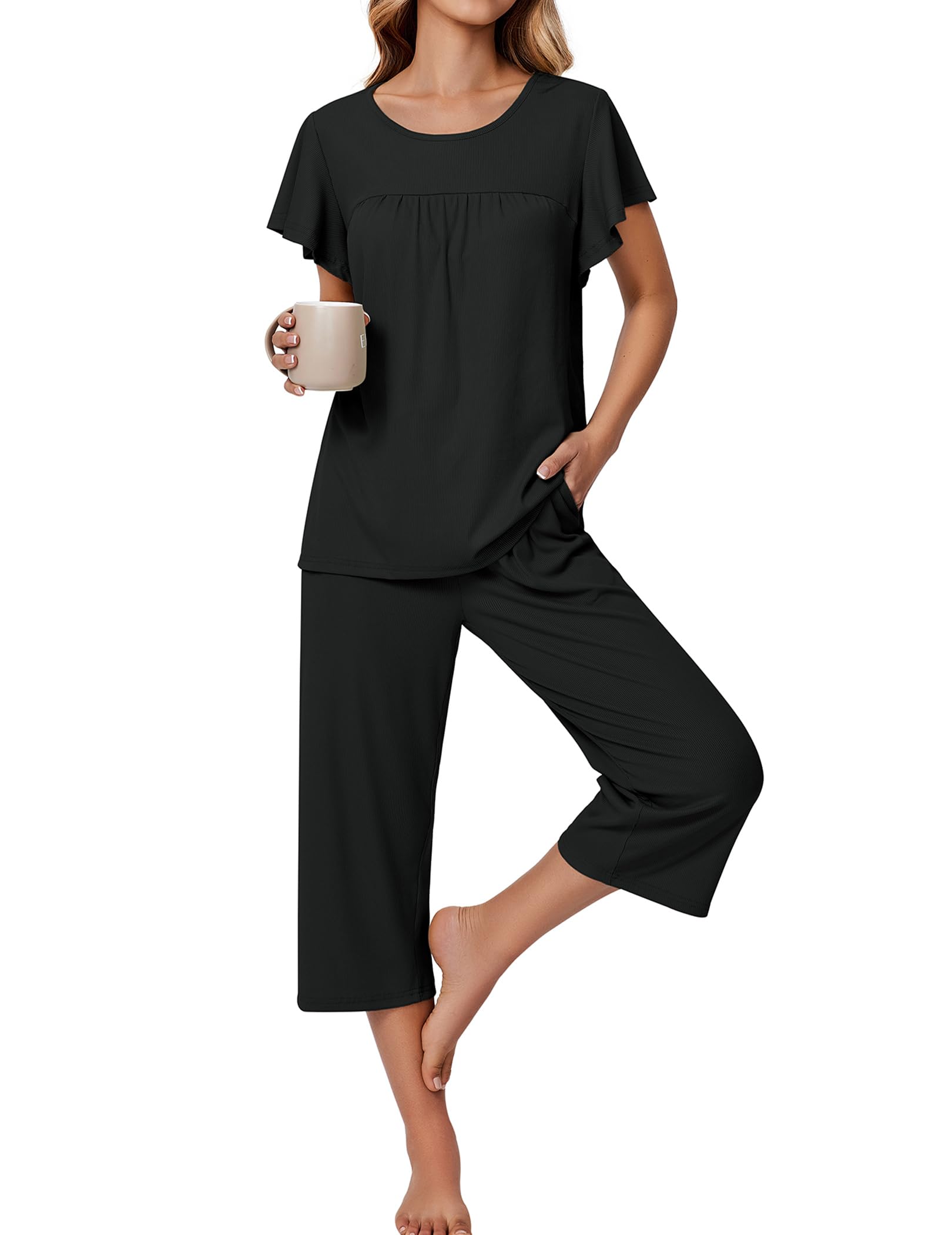 Ekouaer Capri Pajamas for Women Set Short Sleeve Lounge Set Soft Sleepwear Pullover Top and Pants