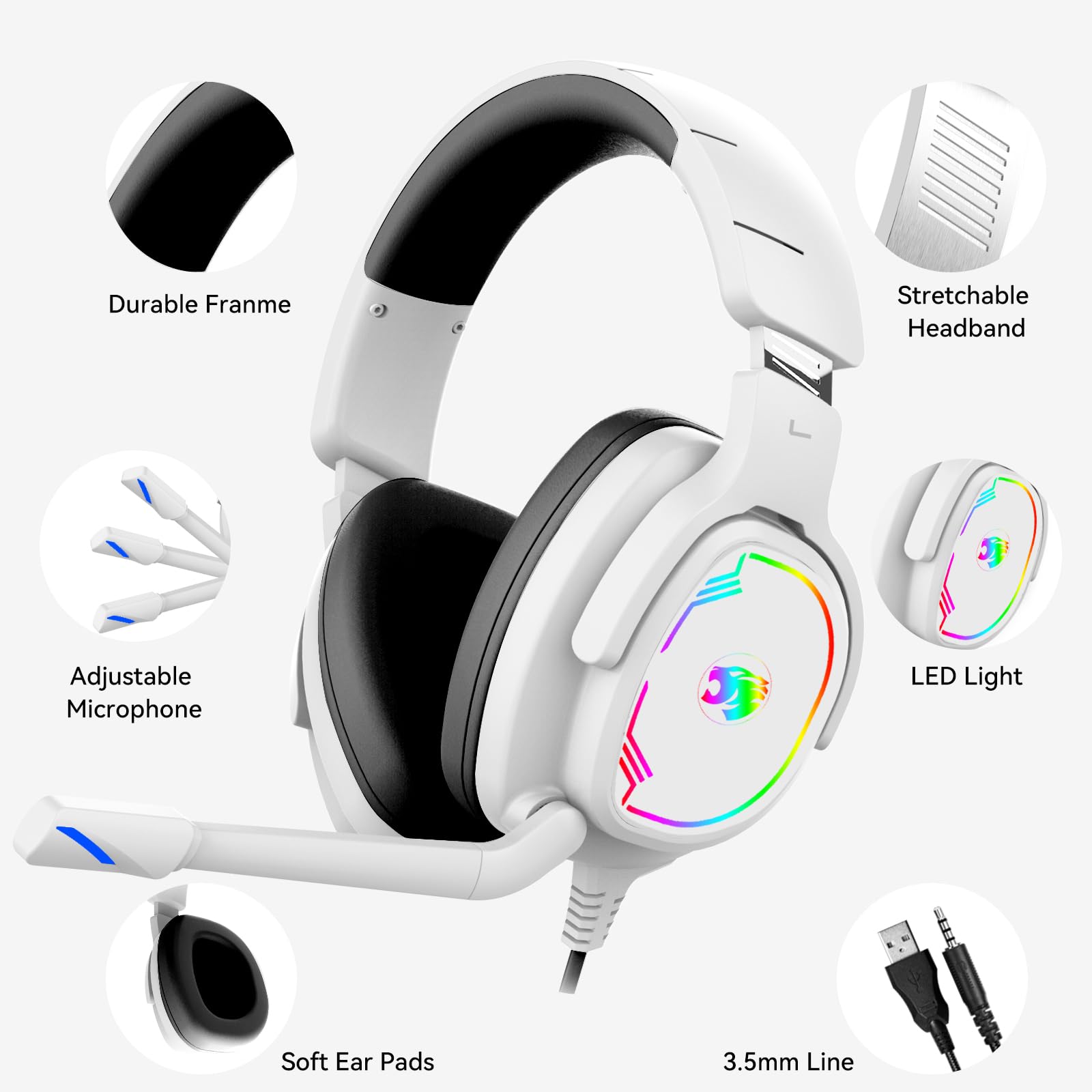 Jimonyer Casque de jeu pour PC/PS4/PS5/Xbox One/Switch, casque de jeu stéréo avec microphone flexible antibruit, casque d'ordinateur avec prise jack 3,5 mm et lumière RVB (blanc)