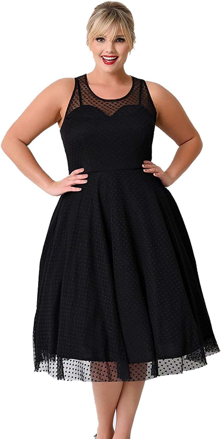 KILOLONE Plus Size Dresses for Women 1950s Cocktail Dress Party Vintage Retro Bridesmaid Evening Lace Sleeveless Dress Black