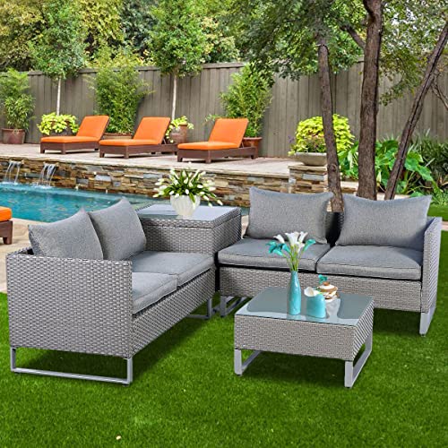 Image of DEVOKO Handwoven Wicker 4 Seater Sofa Set with Glass Top Center Table and Side Table for Living Room Conversation Set with Cushion for Home and Outdoor (Grey)