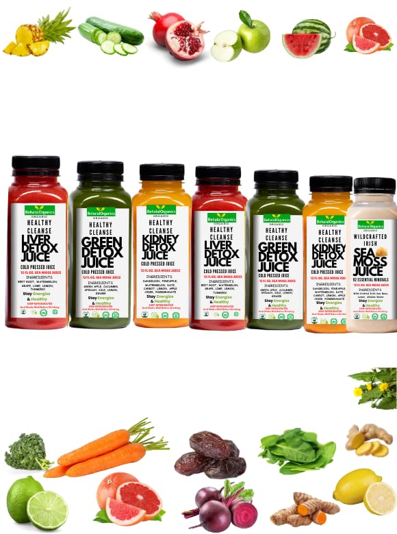 Juice Detox Cleanse by Behalal Organics, All Natural Organics Raw Full Body Detox, Cleanse Liver & Kidney, Cold Pressed Fruit and Vegetable Juices, Weight Management 12oz (2-DAY JUICE CLEANSE)