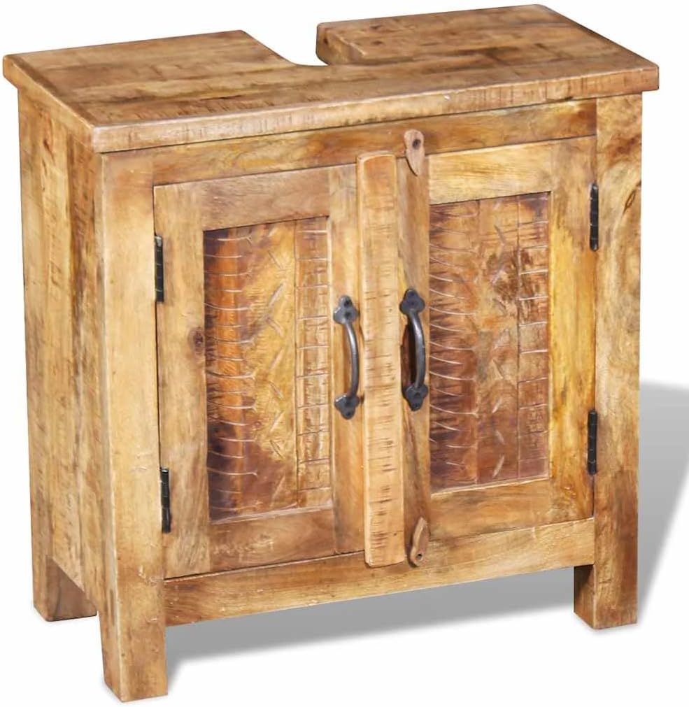 Solid Mango Wood Bathroom Vanity Set, 17.7x23.6x21.7 in, Polished Brown Finish, Vintage Style Storage Cabinet with Mirror, Handmade Furniture for Master Bathroom