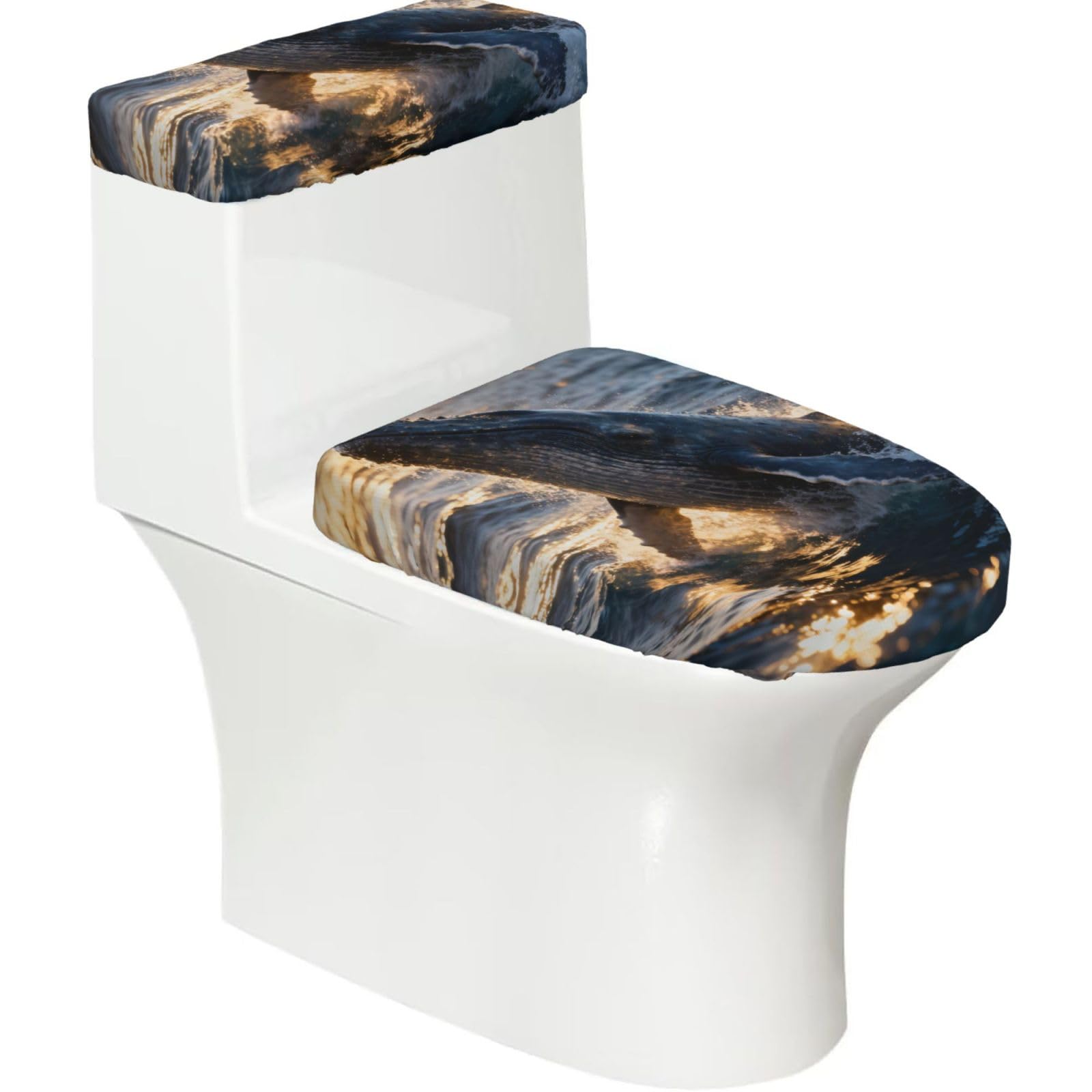 Cntdbu Black Humpback Whale Elastic Toilet Cover Set Of 2-Stretchy Lid And Tank Covers For Bathroom, Soft Washable U Shape Toilet Decor
