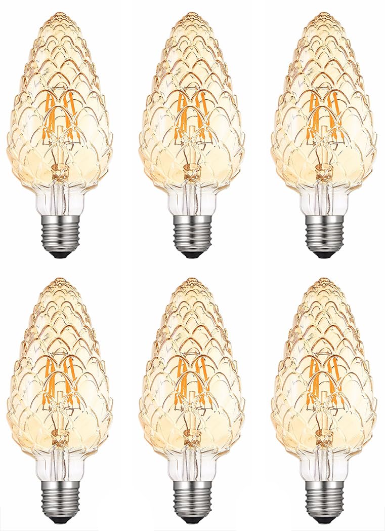 Vintage G95 LED Filament Bulb, Decorative LED Edison Bulb, Pinecone Shaped Light Bulb. 4W (40W Equivalent) E27 400LM, 2700K Warm White, Gold Tint Amber, Pack of 6 (Amber)