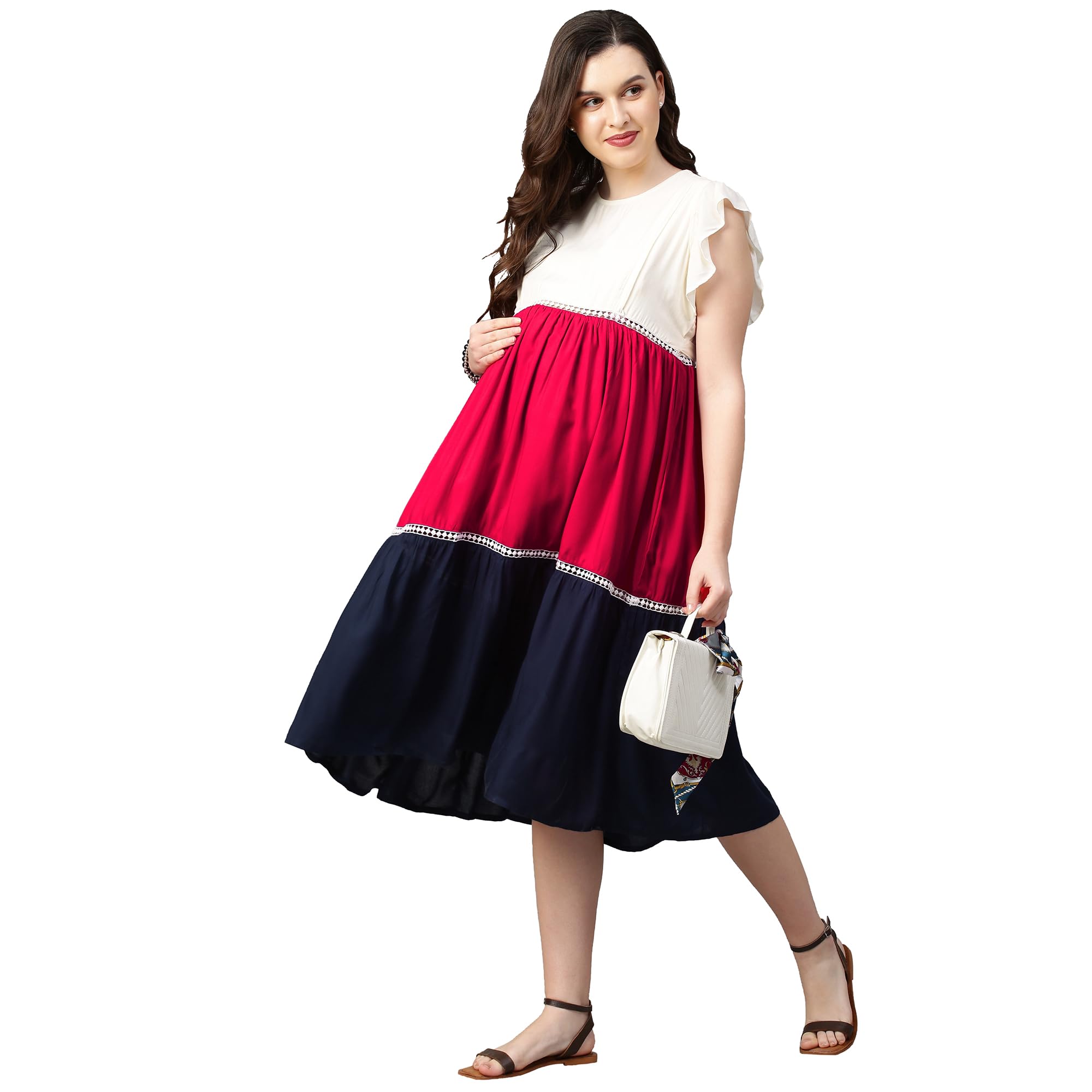 Women's Rayon Knee Length Maternity Dress/Feeding Dress/Pregnancy Dress/Fit & Flare Western Dress with Zippers for Pre and Post Pregnancy-image-20