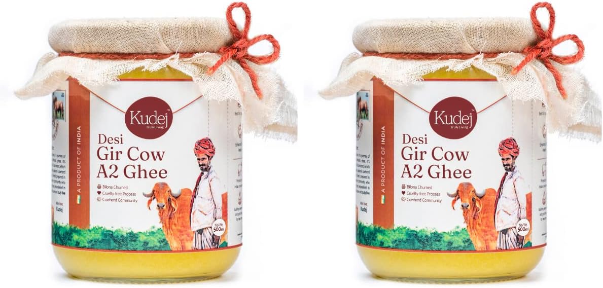 Premium A2 Desi Gir Cow Ghee, Pack of 2 (500ml*2)| Vedic Bilona Method, Free Grazing Cows| Immunity Booster from Gujarat| Lactose-Free| Eco-Friendly| Rich Flavor, Supports Pastoral Community