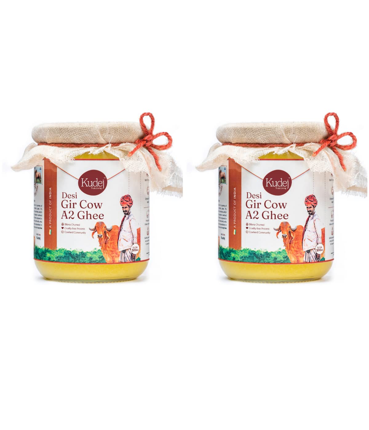 Kudej Premium A2 Desi Gir Cow Ghee, Pack of 2 (500ml*2)| Vedic Bilona Method, Free Grazing Cows| Immunity Booster from Gujarat| Lactose-Free| Eco-Friendly| Rich Flavor, Supports Pastoral Community