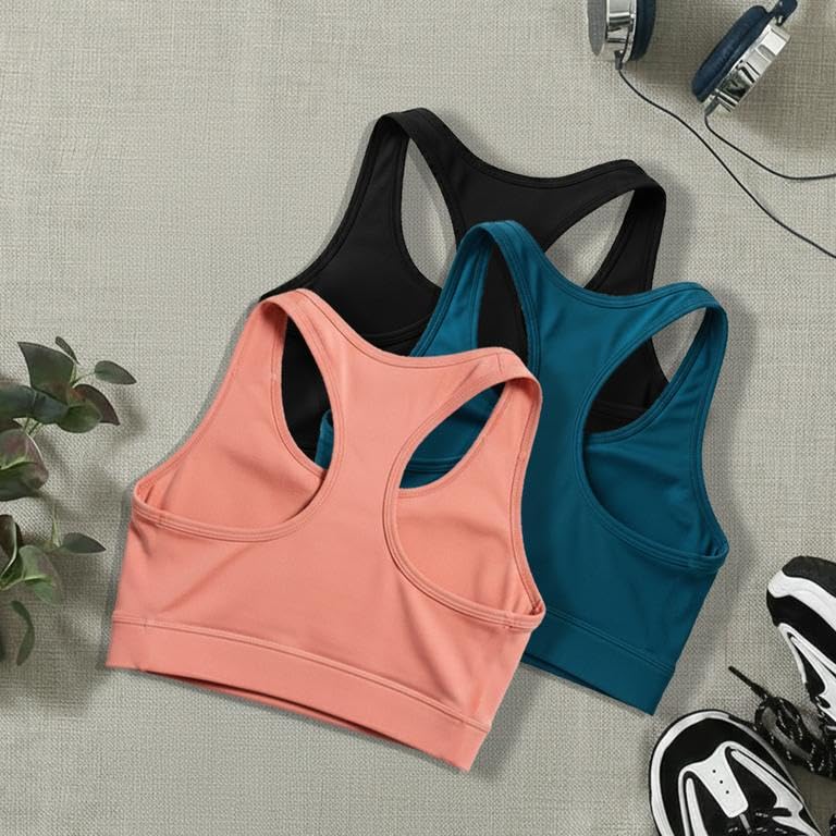 Image of BOLD & BEAUTY Women Cotton Blend Sports Bra with U-Neck, Racerback Style and Regular Straps for Workout, Yoga & Training (Pack of 3)