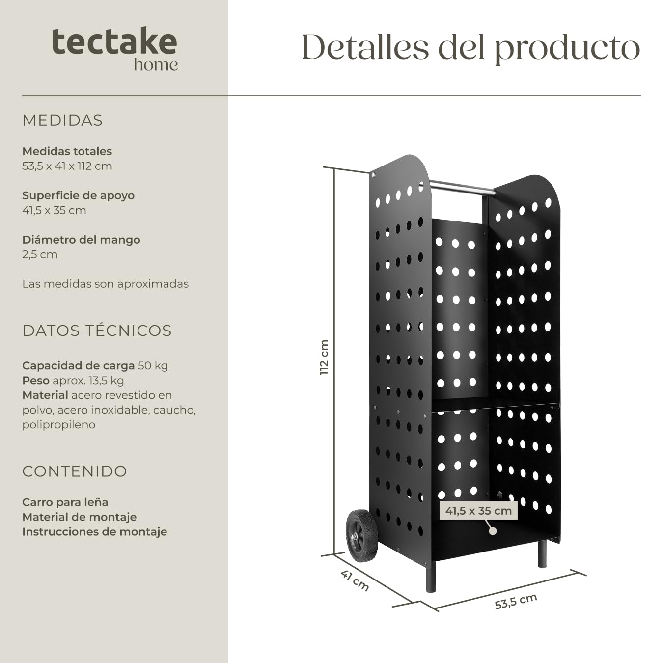 tectake® Carretilla de Chimenea, Carro de Leña con Ruedas Robusta, Bandeja Adicional, Asa de Acero Inoxidable, Estructura Estable de Chapa Perforada, Estante Leña, Leñero Exterior - Negro