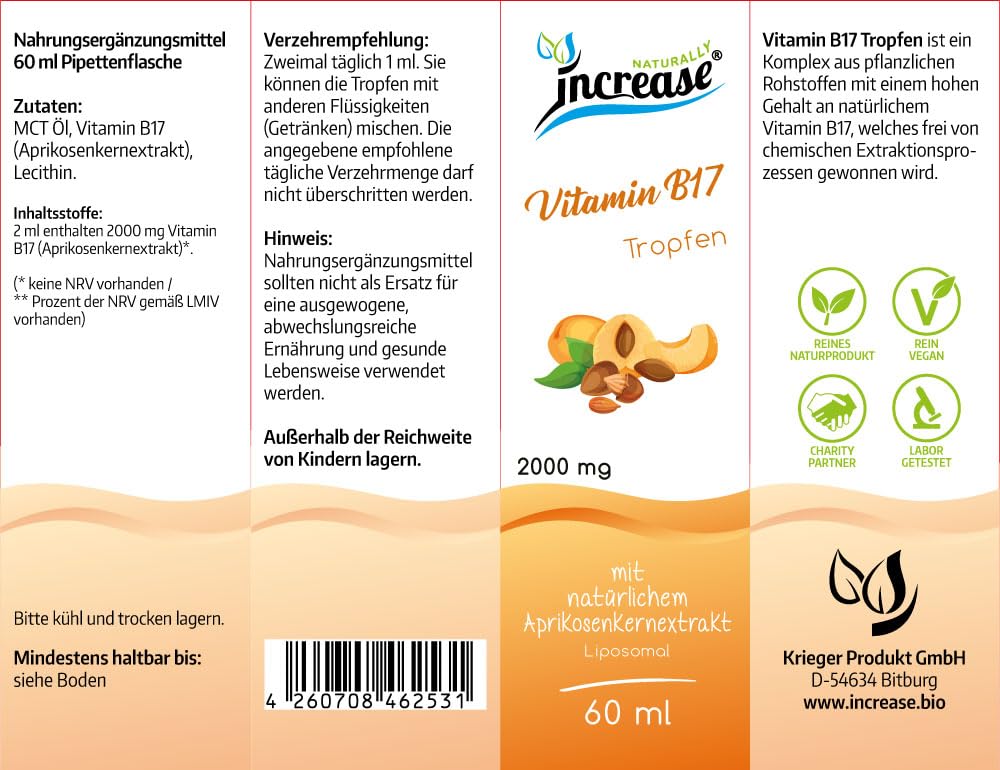 Liposomale Vitamin B17 Tropfen hochdosiert - (60.000mg Aprikosenkernextrakt pro Packung) 2000mg Vitamin B17 pro Tagesdosis - MCT Öl - Hohe Bioverfügbarkeit