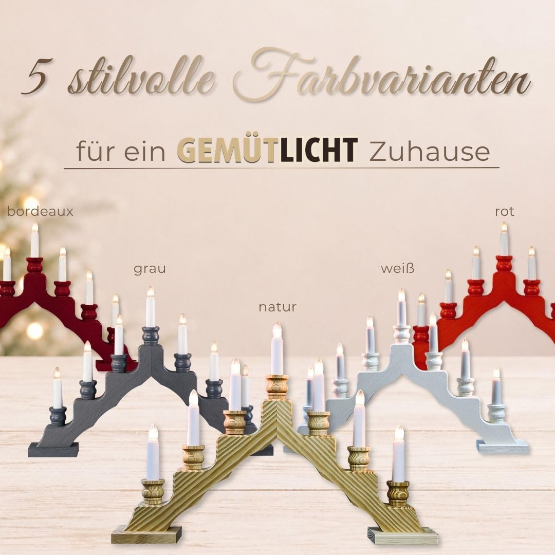 weigla - Schwedenleuchter original Erzgebirge I Trendiger Schwede BORDEAUX I Schwibbogen Weihnachten I 7 Lampenkerzen + 1 Ersatzlampe I 7 x 34 V, 3 W, E10 I Weihnachtsdeko innen I Kiefernholz