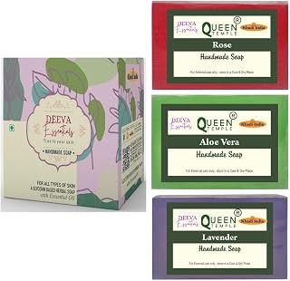 Herbal Handmade Soap Set of 3 By Queen Temple | Khadi India Natural Bathing Soaps with Essential Oils | Moisturizing & Ski... Price In India