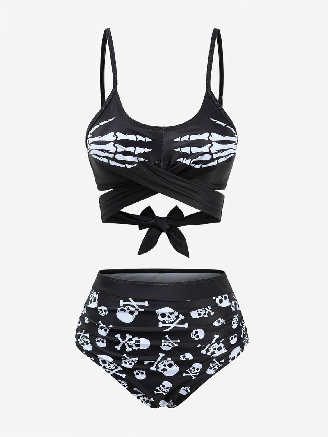 DRESSFO Skull Skeleton Printed Crossover Tankini Swimsuit High Stretch 2 Piece Bathing Suit